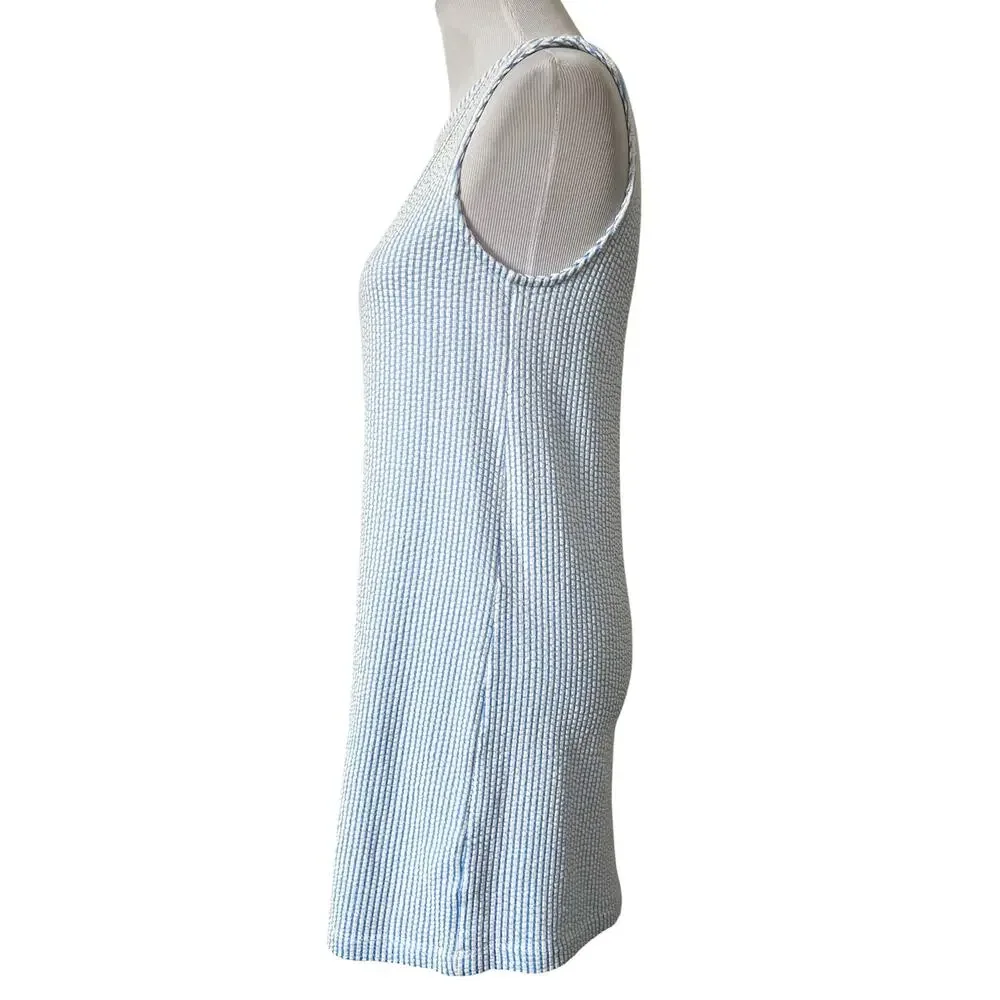 Women’s Seersucker Mini Dress Blue & White Sleeveless Cotton Blend Stretch Sz M - Picture 5 of 8